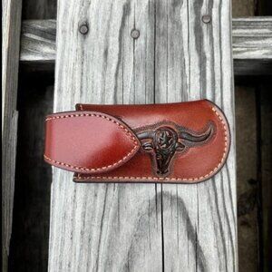 Brown Longhorn Design Small Knife Sheath with Keep